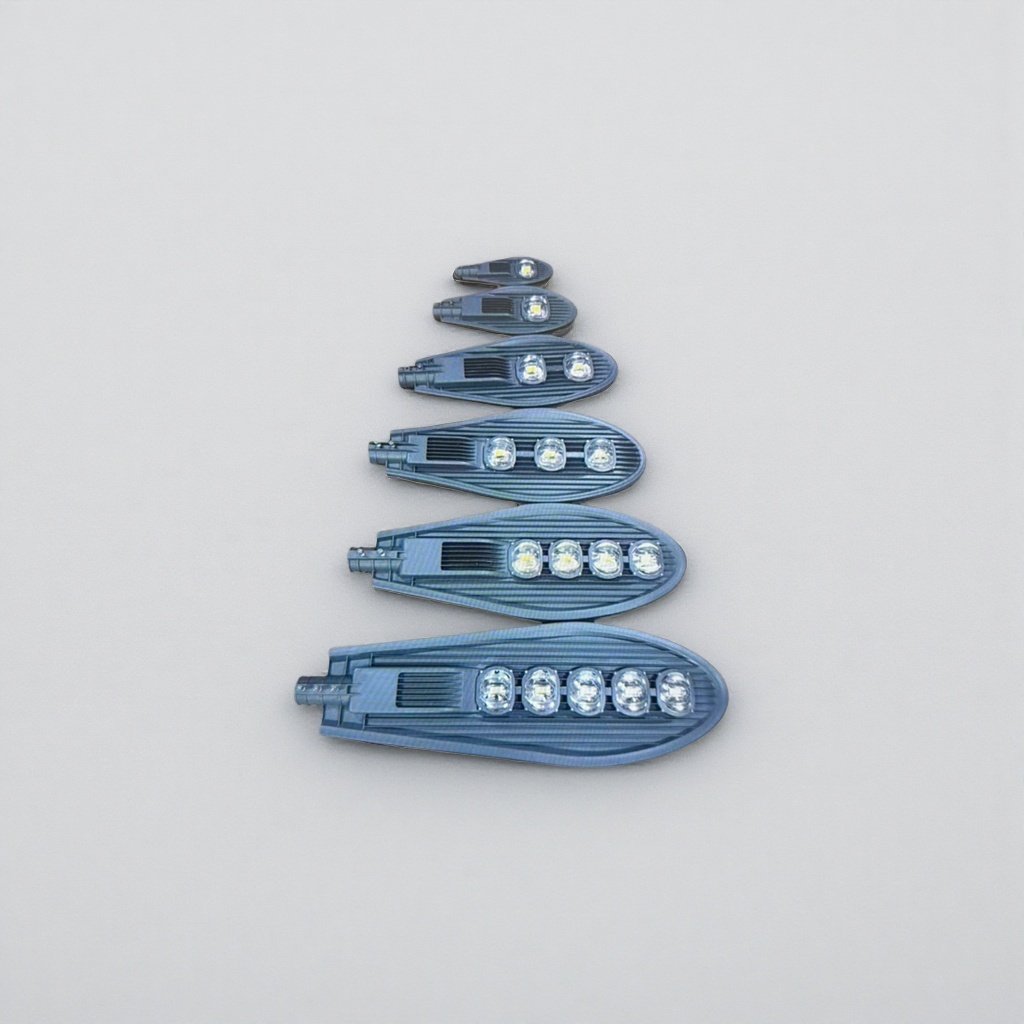 Six types of outdoor lighting fixtures with 1 to 5 beads of grey LED street lamp heads are vertically arranged on the wooden floor details Picture