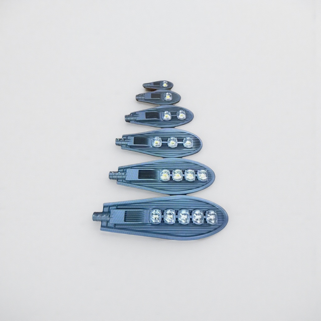 Six types of outdoor lighting fixtures with 1 to 5 beads of grey LED street lamp heads are vertically arranged on the wooden floor Specification image