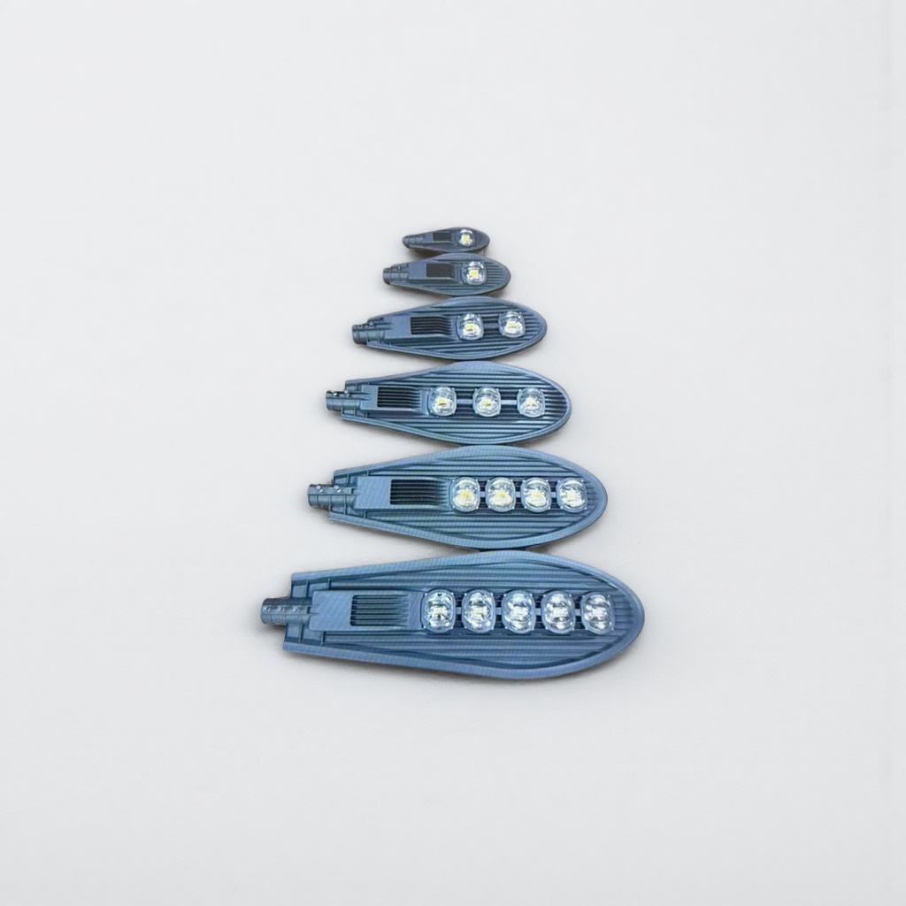 Six types of outdoor lighting fixtures with 1 to 5 beads of grey LED street lamp heads are vertically arranged on the wooden floor Application Scenario