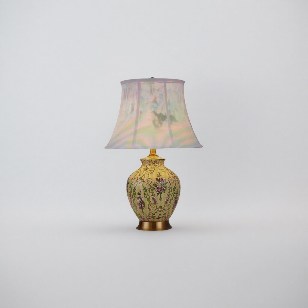 Yellow floral pattern ceramic table lamp, Nordic minimalist bedroom bedside lamp, 30cm details Picture