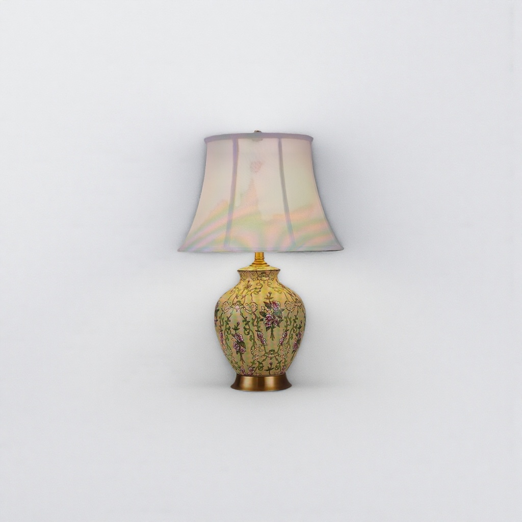 Yellow floral pattern ceramic table lamp, Nordic minimalist bedroom bedside lamp, 30cm
