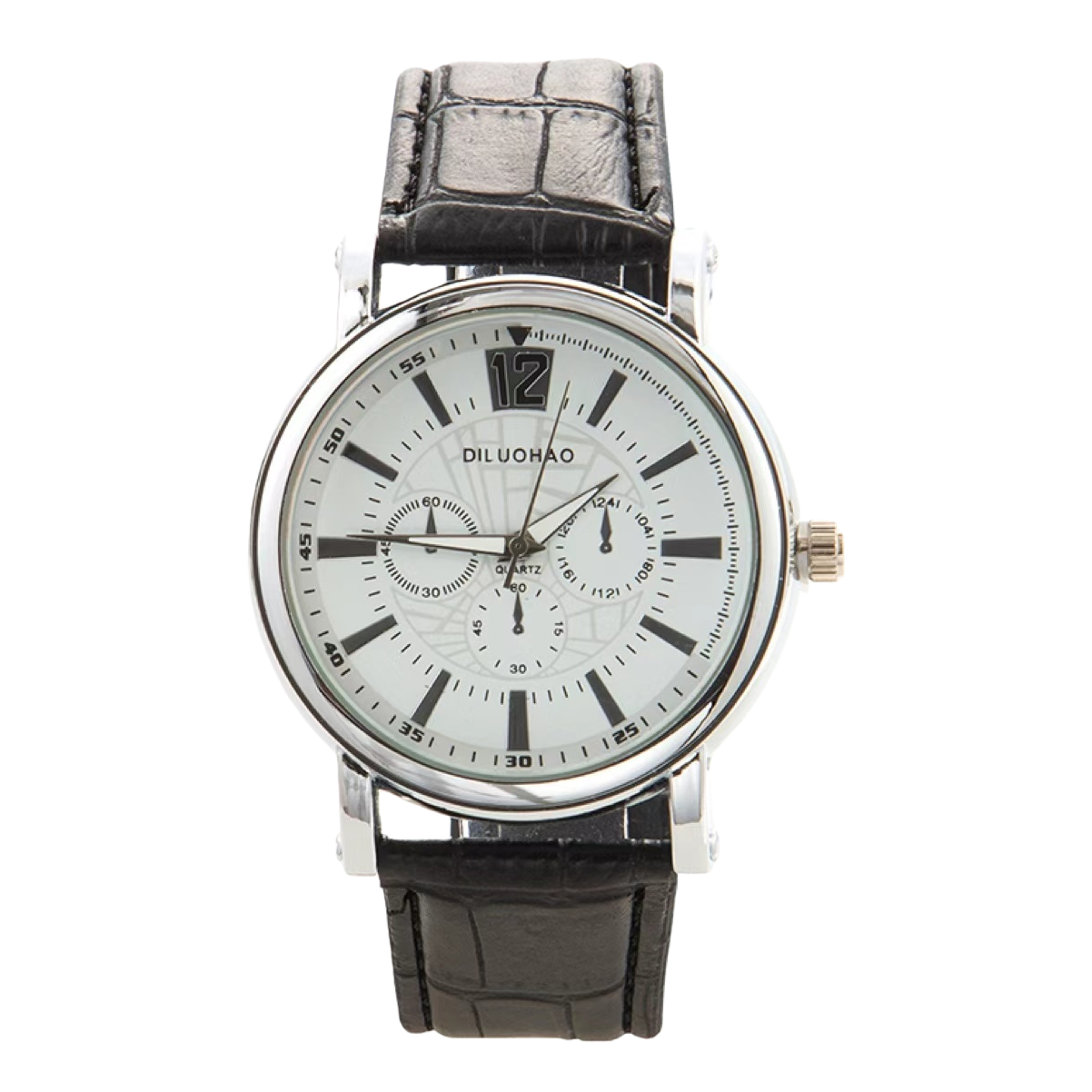 A watch with a silver case, black crocodile-patterned strap and a white dial Item Picture