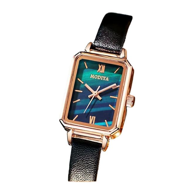 مربع ذهبي أزرق أخضر متدرج، ساعة جلد أسود Item Picture