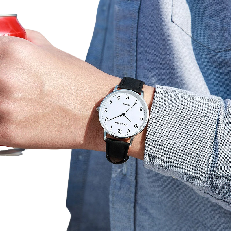 The quartz watch with a white dial and black leather strap is versatile for both business and casual occasions Item Picture