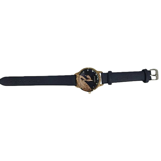 Gold case, black leather strap, quartz wristwatch for business commuters Item Picture