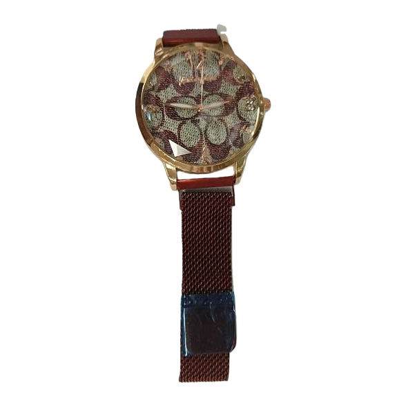 A fashionable and simple quartz watch with a golden case and a red strap Item Picture
