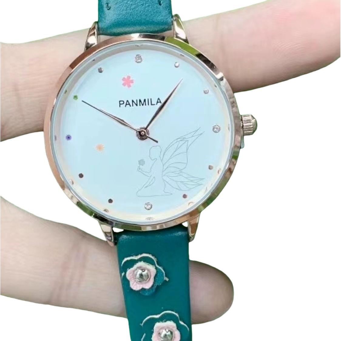 The watch features a rose gold case, a green leather strap, and is decorated with fairy patterns and colorful small flowers Item Picture