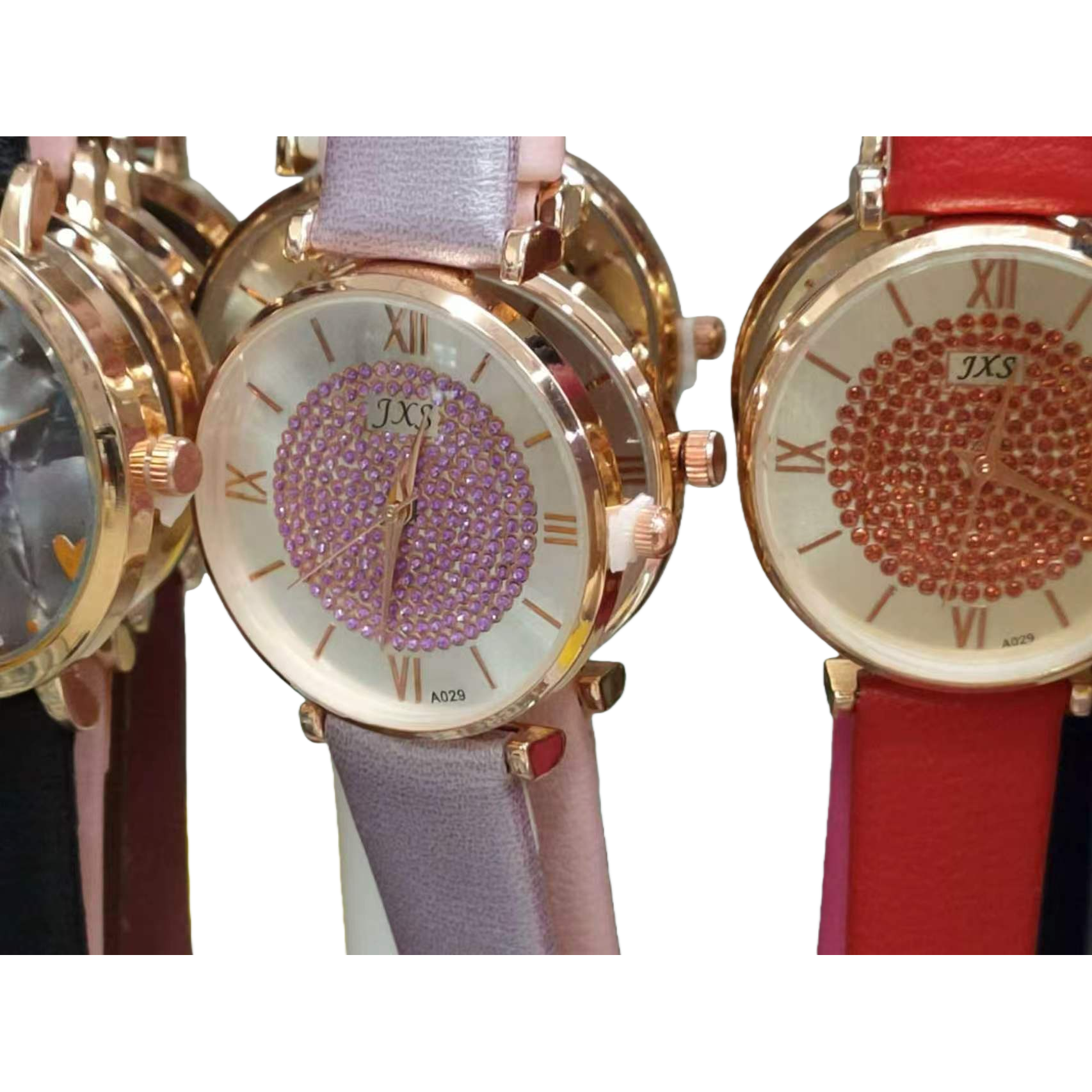 A ladies' watch with a golden case, purple strap and diamonds Item Picture