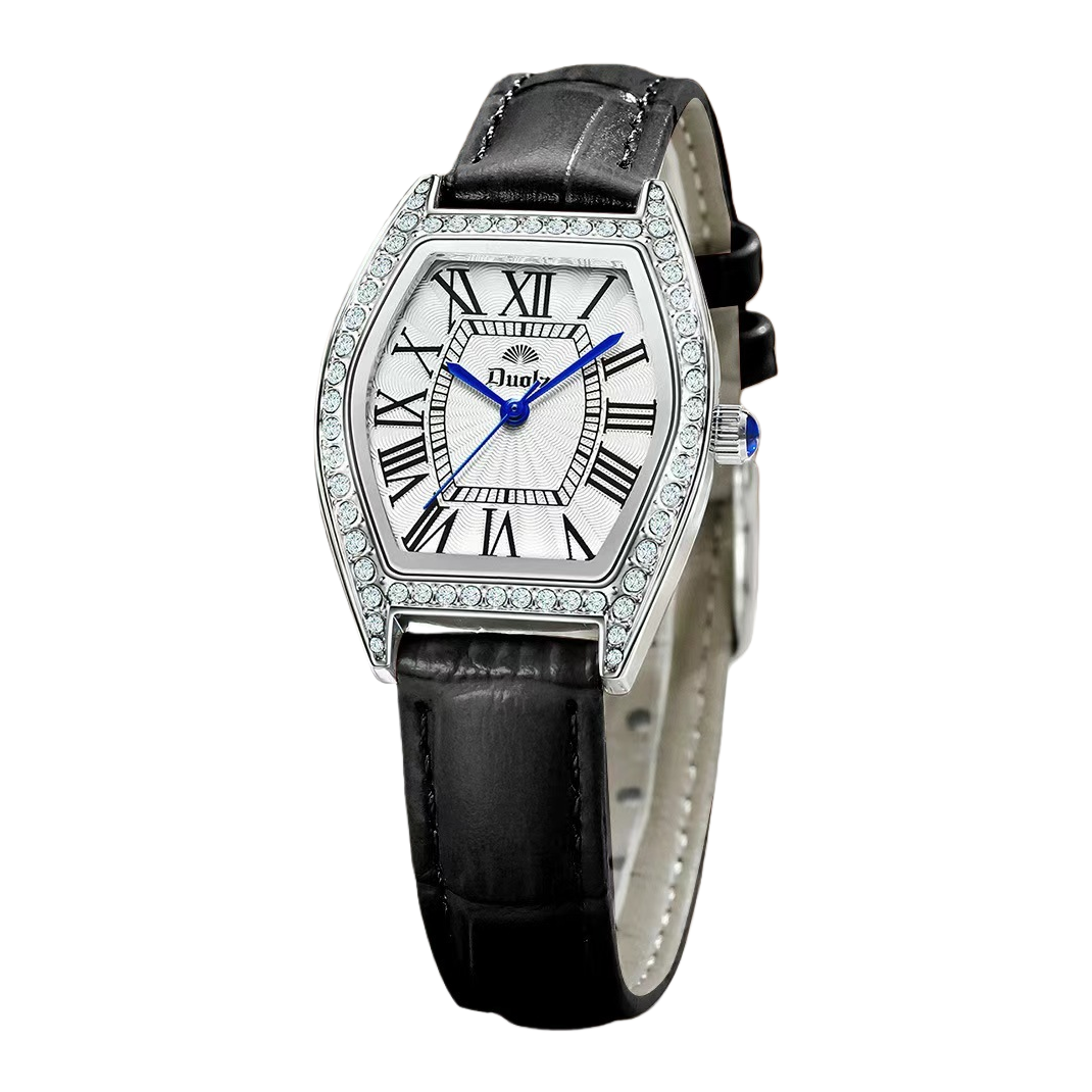 Ladies' wristwatch with diamond-encrusted bezel, silver case and black leather strap Item Picture