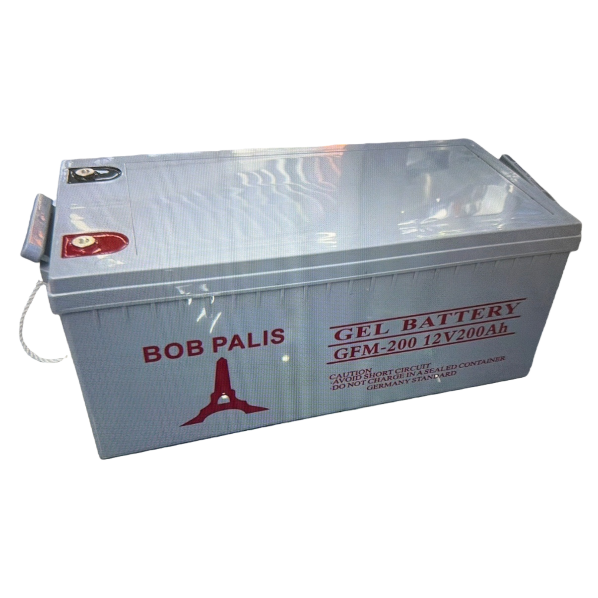 灰色胶体电池，印有“BOB PALIS”字样及埃菲尔铁塔图案，标有“GEL BATTERY GFM-200 12V200Ah”等信息白底实物图