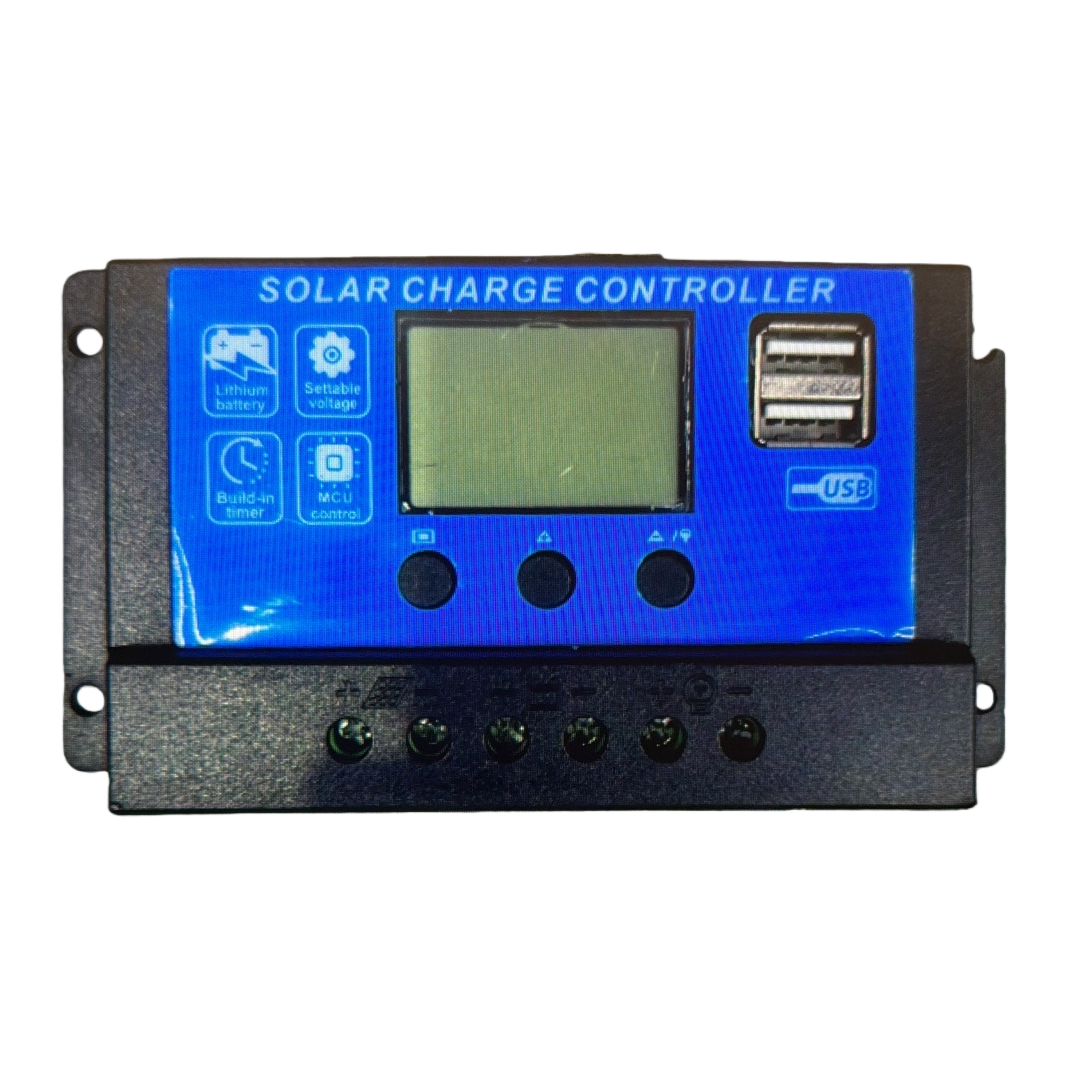 The blue solar charging controller features intelligent charging and discharging protection, reverse connection and overload prevention, and is compatible with 12V and 24V Item Picture