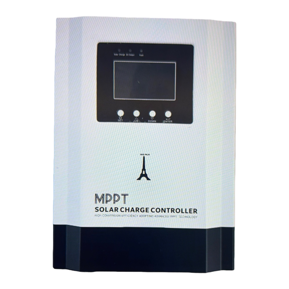 The white SOLAR CHARGE controller with a black panel screen and four buttons featuring the Eiffel Tower pattern at the bottom, MPPT SOLAR CHARGE CONTROLLE Item Picture