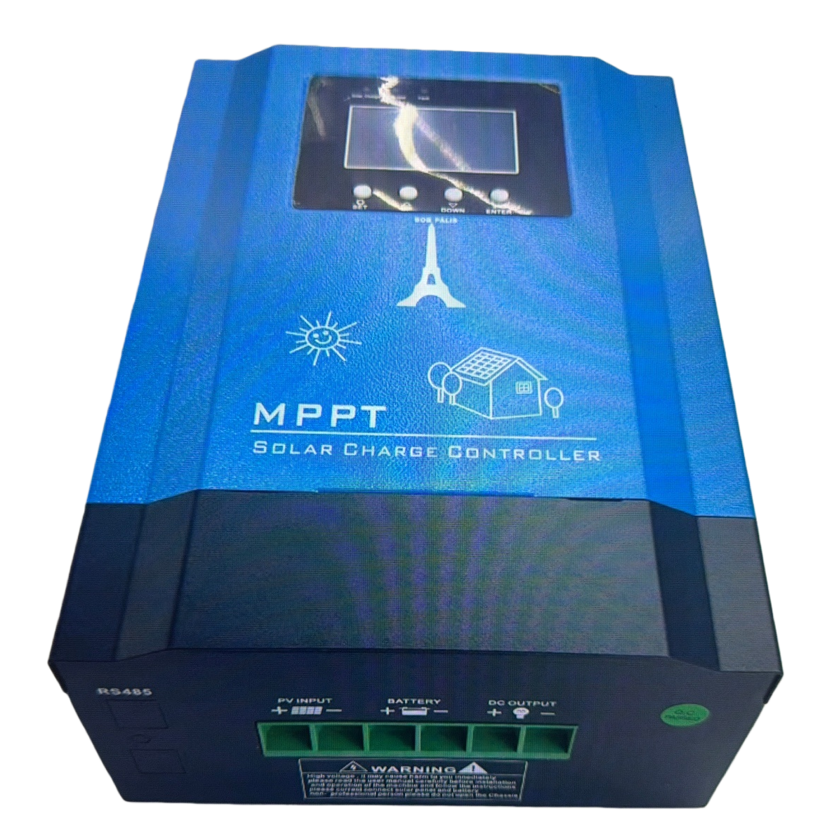 The blue solar charging controller with a waterproof housing is specially designed for outdoor photovoltaic systems and features dual voltages of 12V and 24V Item Picture