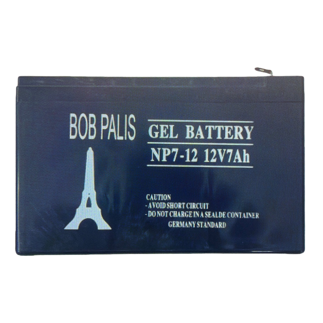 Black BOB PALIS GEL battery NP7-12 12V7Ah with white printed Eiffel Tower pattern Item Picture