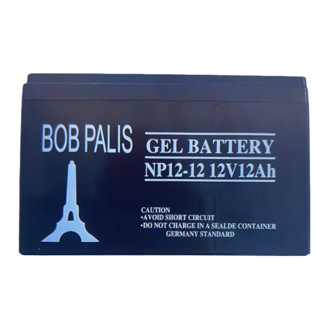 黑色凝胶电池，印有BOB PALIS品牌、埃菲尔铁塔图案及NP12-12 12V12Ah规格标识白底实物图