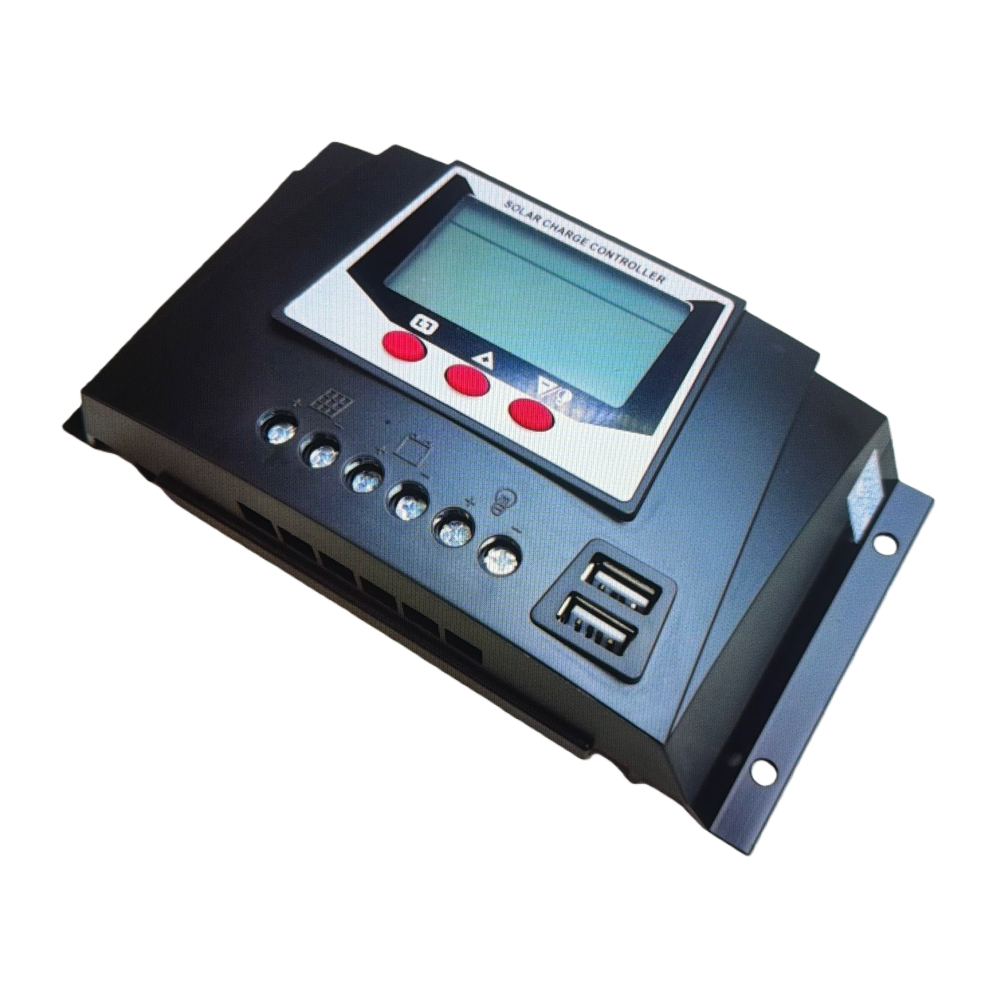The black solar charging controller features an all-weather waterproof design and is compatible with 12V and 24V systems Item Picture