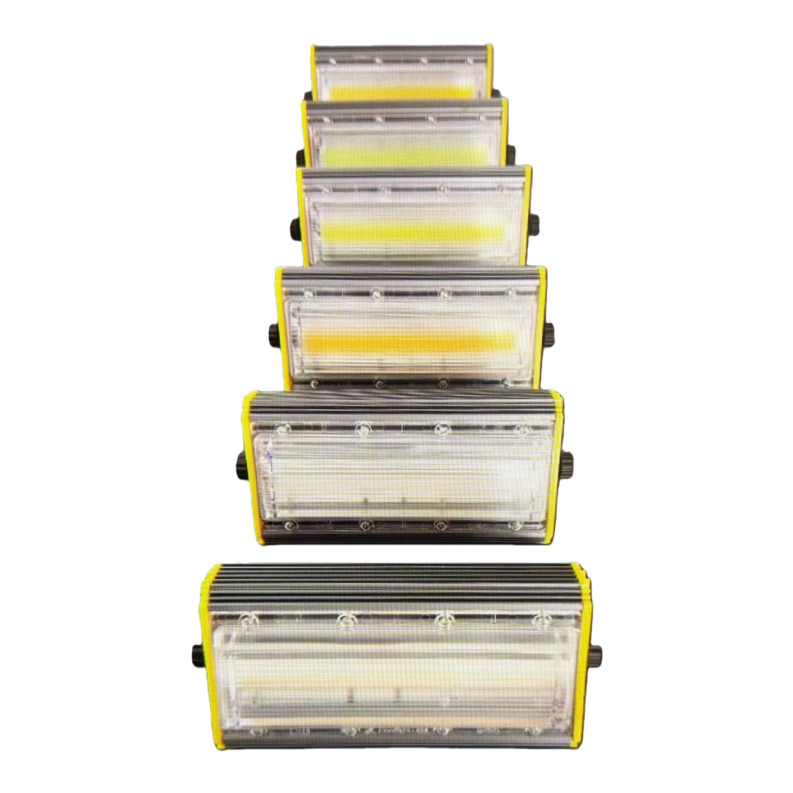 Yellow and black pyramid-shaped LED work light with yellow frame, transparent cover, COB lamp beads and black heat dissipation fins Item Picture