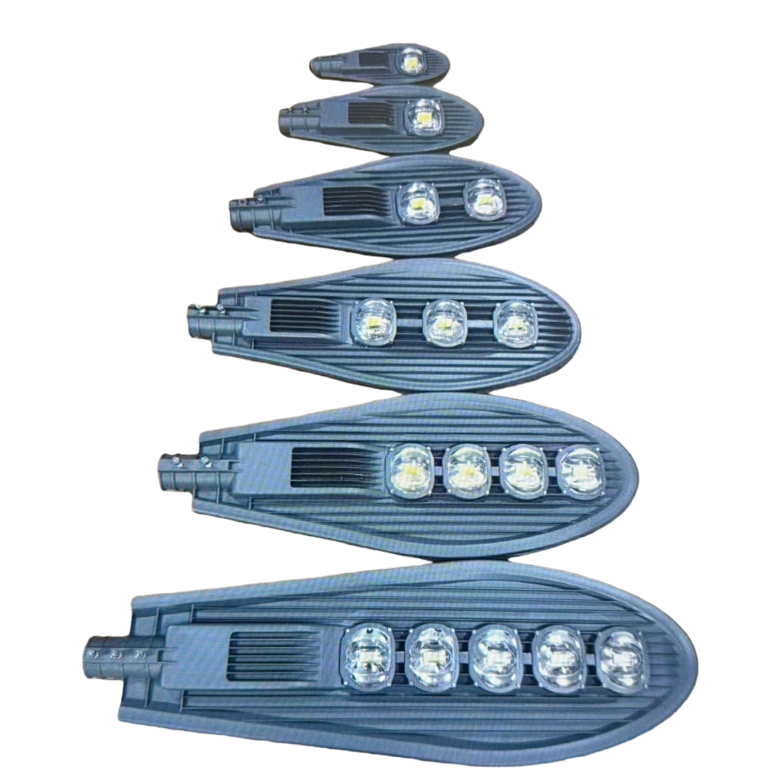 Six types of outdoor lighting fixtures with 1 to 5 beads of grey LED street lamp heads are vertically arranged on the wooden floor Item Picture