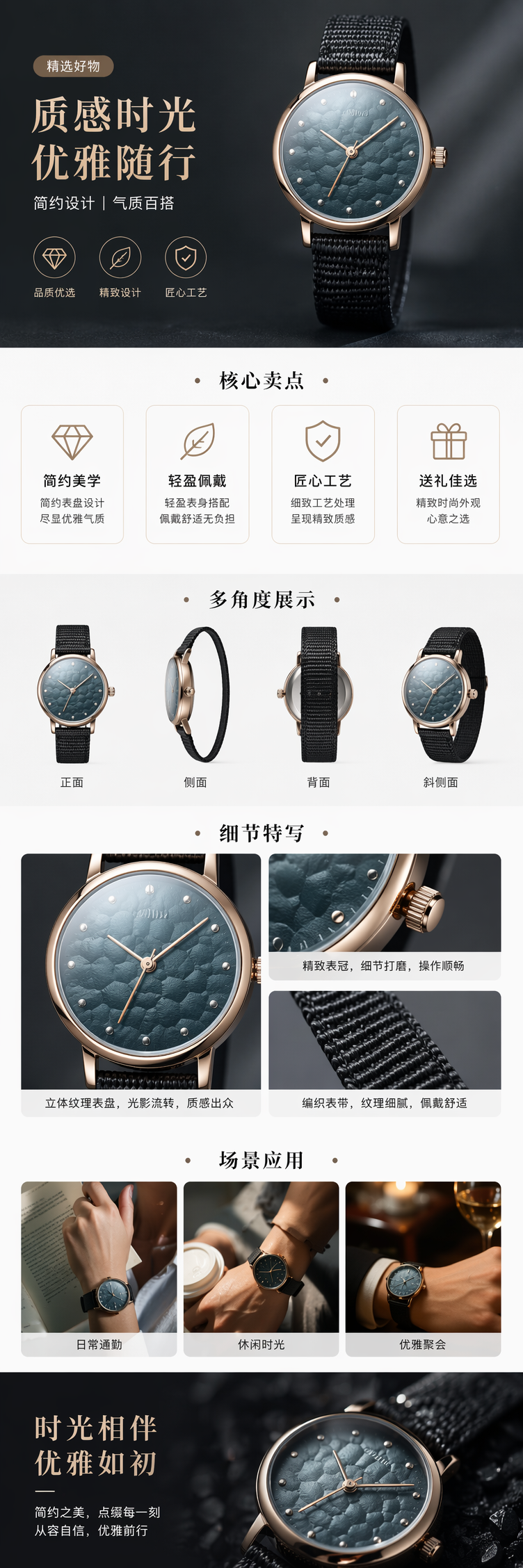 黑色表带手表 时尚简约商务休闲男表真皮金属可调节 pic 1