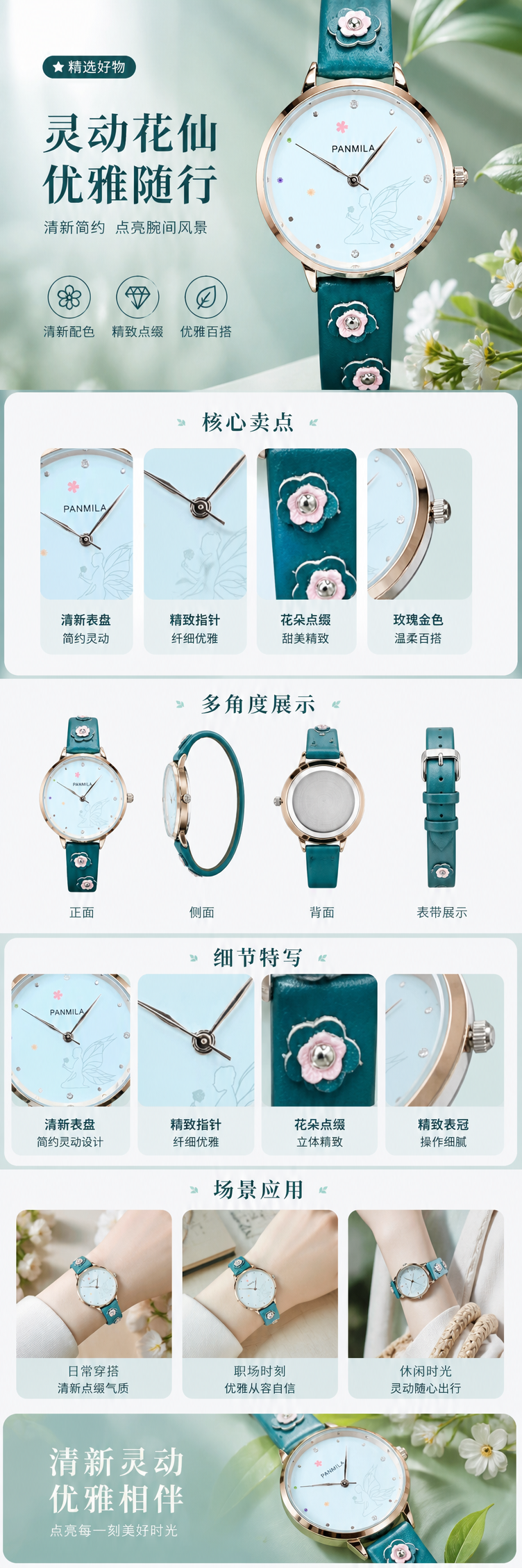 玫瑰金表壳绿色皮质表带仙女图案彩色小花装饰手表 pic 1