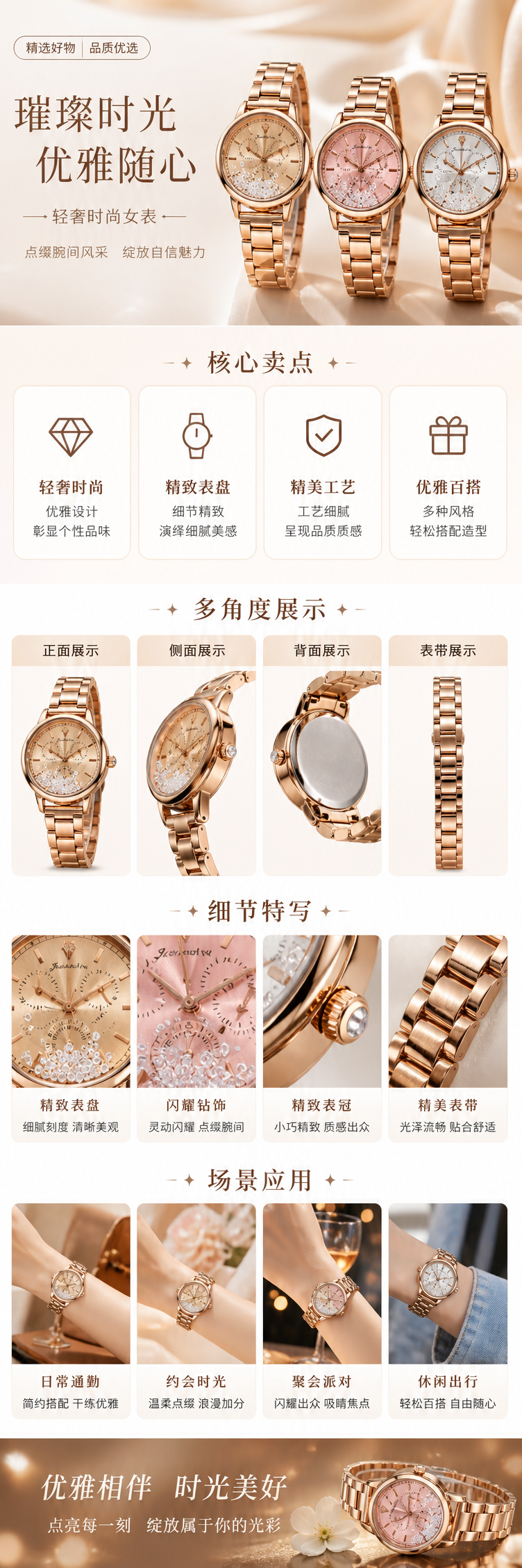 玫瑰金手表 绿色表盘 水晶装饰 粉色表盘 pic 1