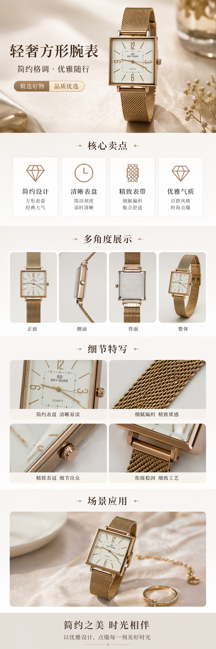 金色方形简约时尚手表 男女通用石英表带可调节 pic 1