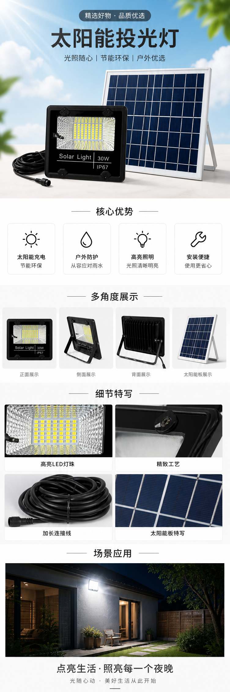 黑色太阳能灯配高效太阳能板户外庭院照明详情1