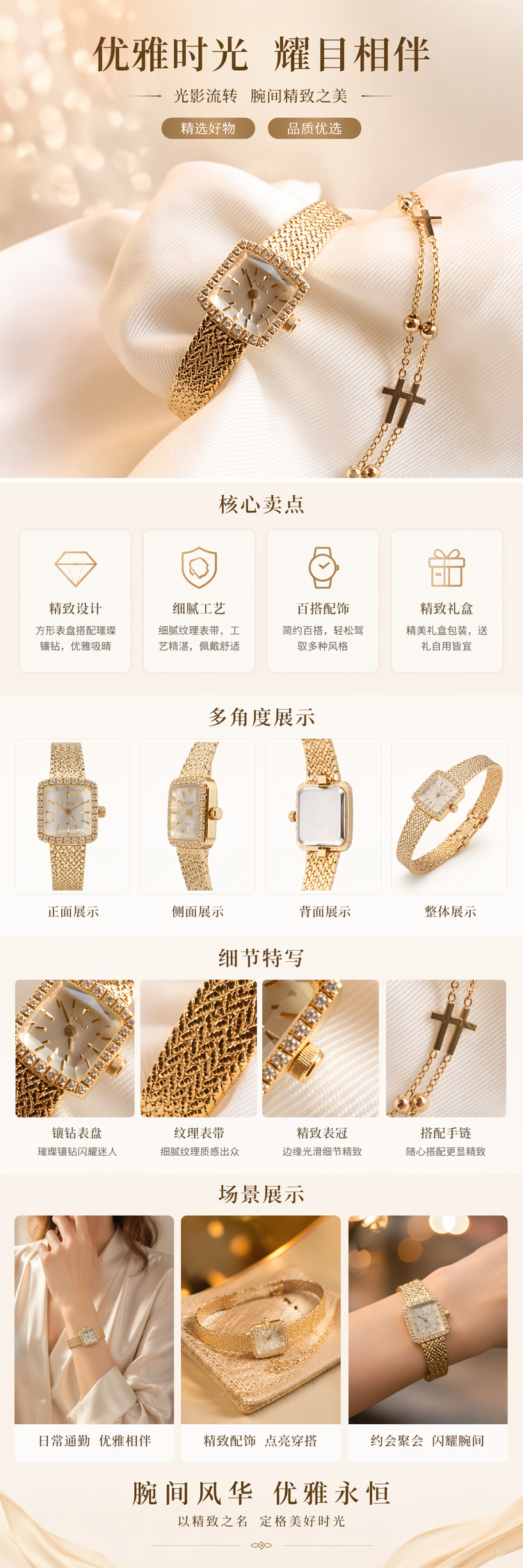 金色镶钻方形手表搭配金色十字架手链套装 pic 1
