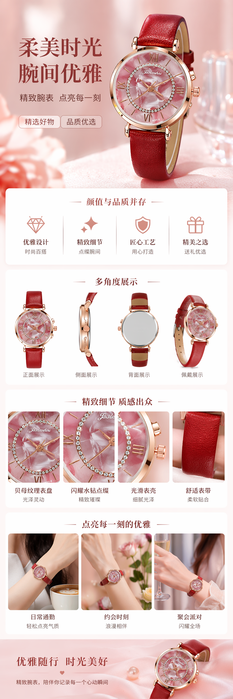 玫瑰金表壳红色表带女士石英手表 pic 1