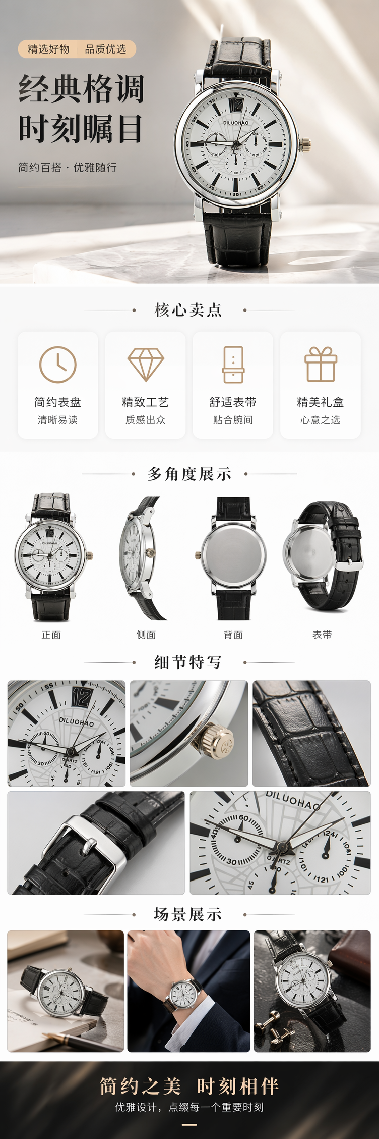 银色表壳黑色鳄鱼纹表带白色表盘手表 pic 1