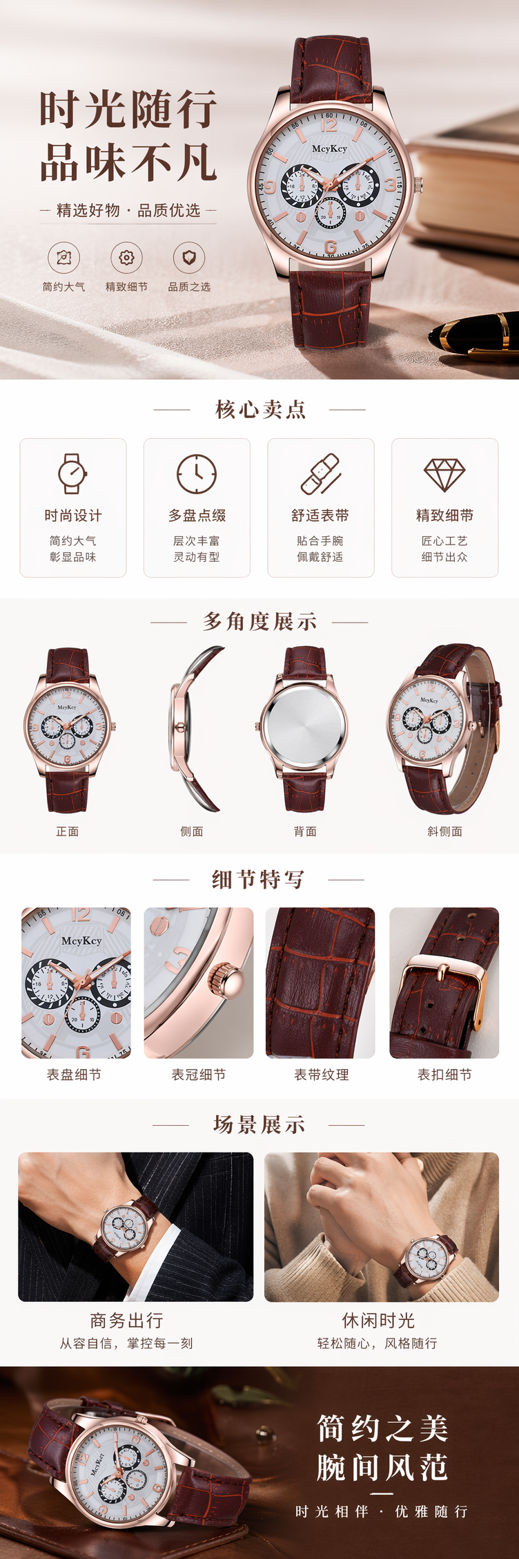 玫瑰金表壳白色表盘棕色皮质表带女士手表 pic 1