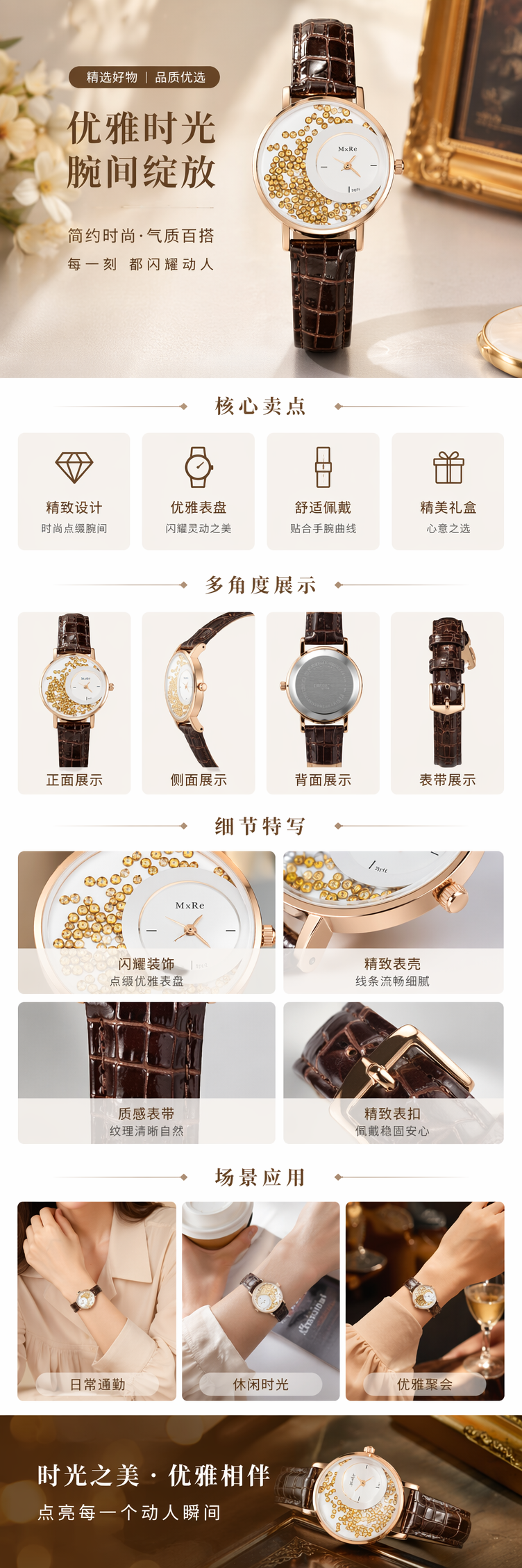 棕色鳄鱼纹表带手表 金色亮片装饰表盘 pic 1