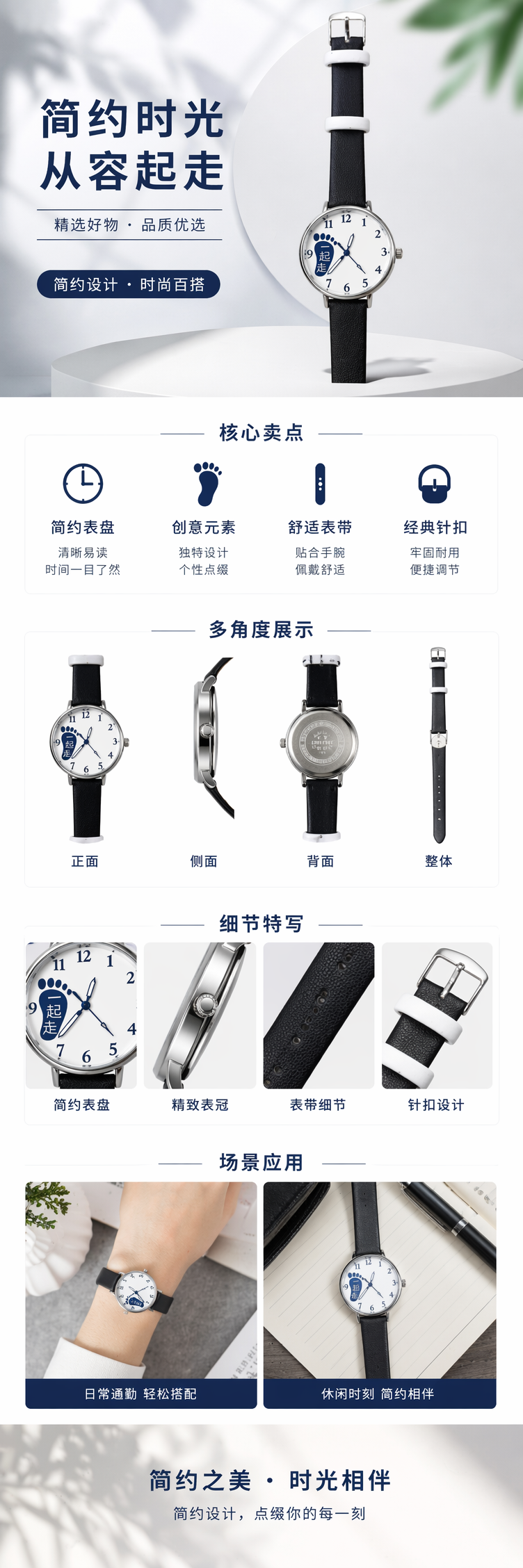 黑色表带手表 蓝色脚印图案表盘 一起走字样 pic 1