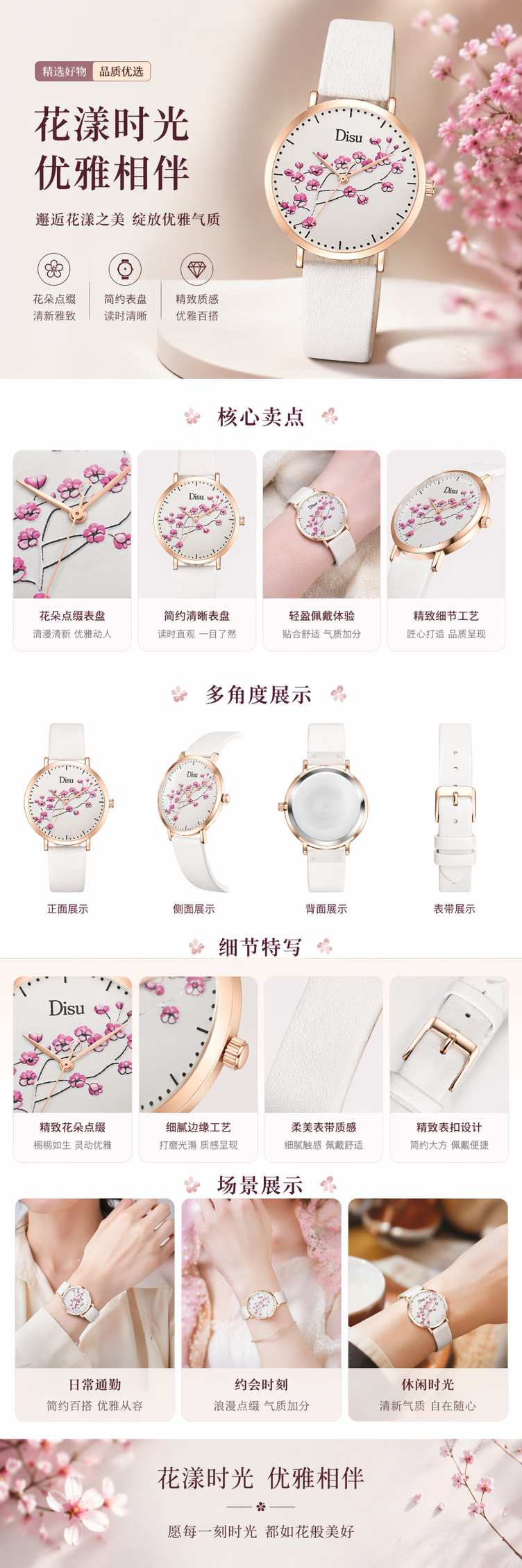 Disu粉色樱花图案玫瑰金表壳白色表带女士手表 pic 1