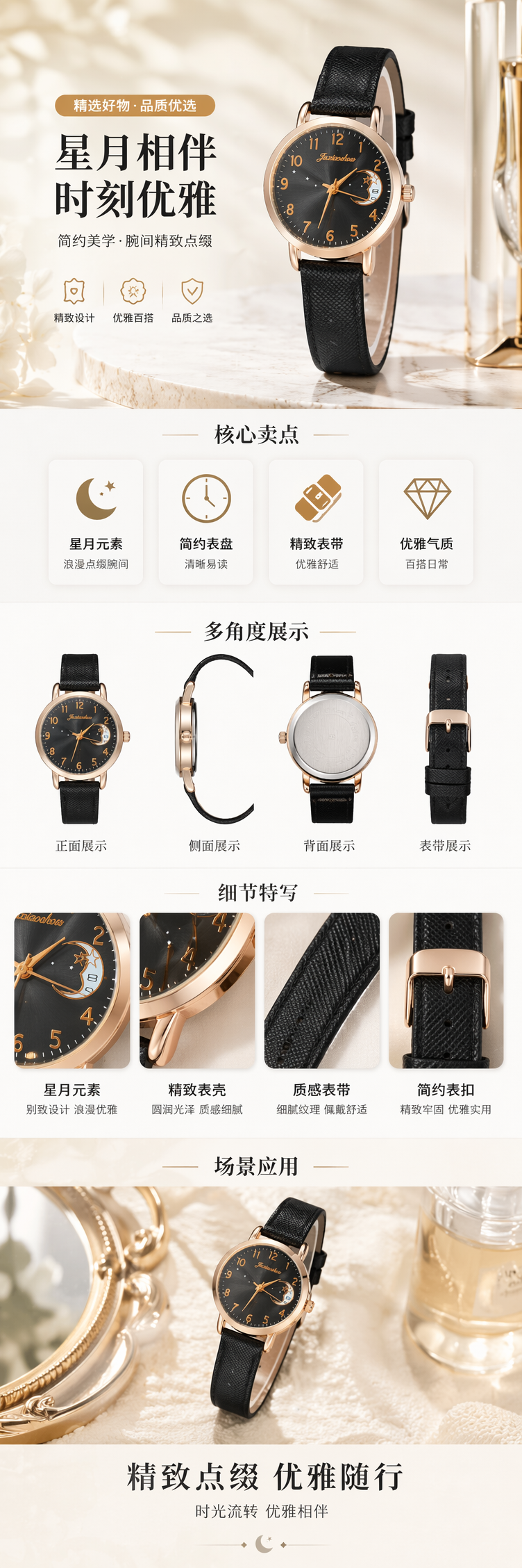 金色表壳黑色表带男士石英手表简约商务防水 pic 1
