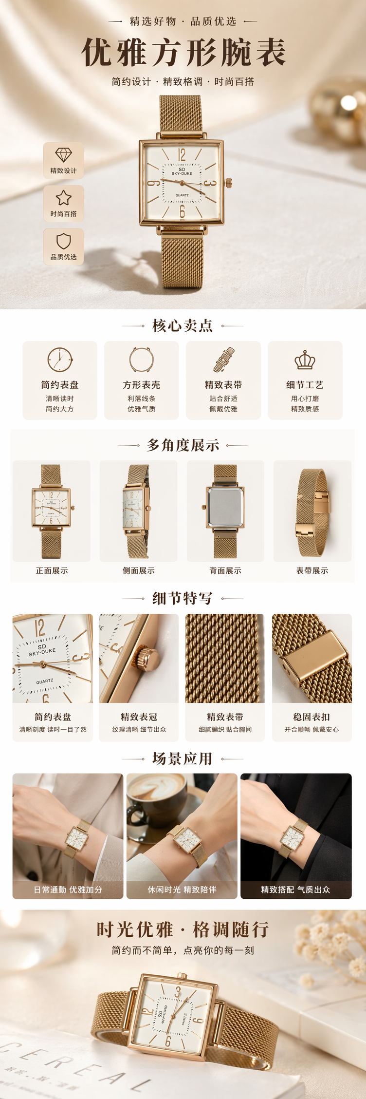 金色方形手表男女士简约时尚石英表真皮表带 pic 1