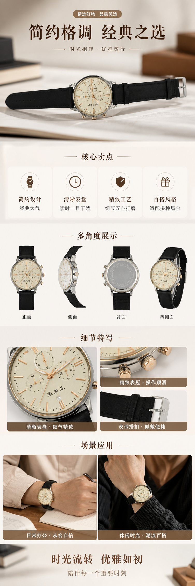 黑色表带银色表壳白色表盘男士石英手表 pic 1