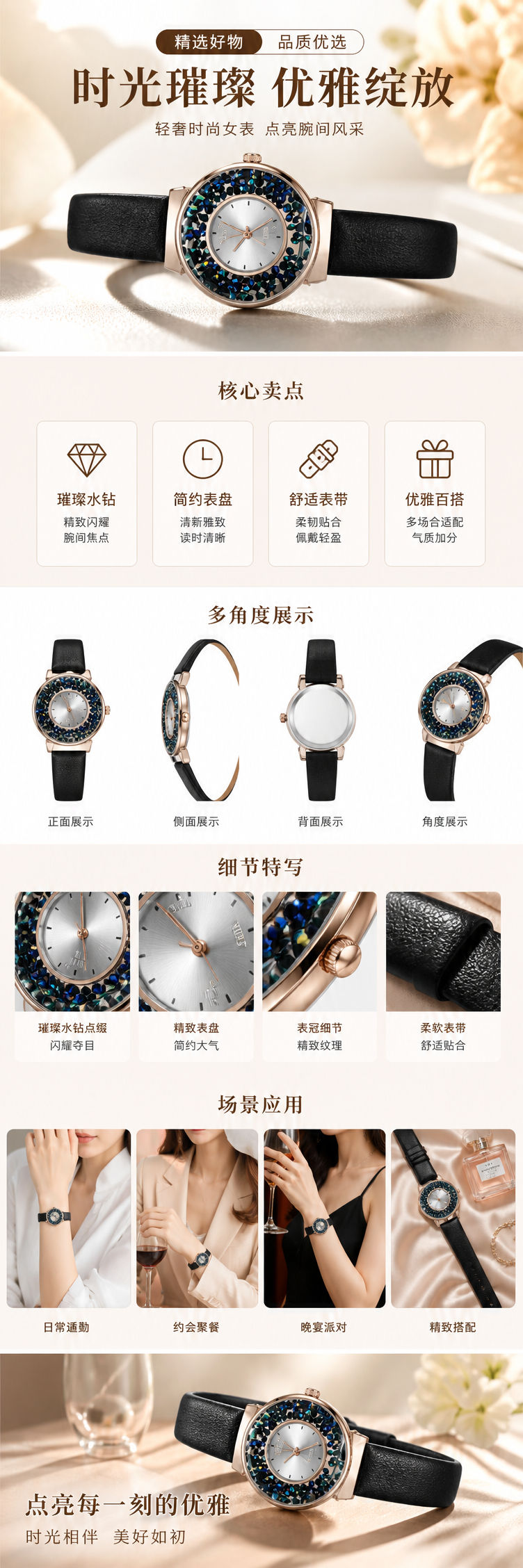 黑色表带手表 表盘镶嵌彩色亮片 时尚女士腕表详情1