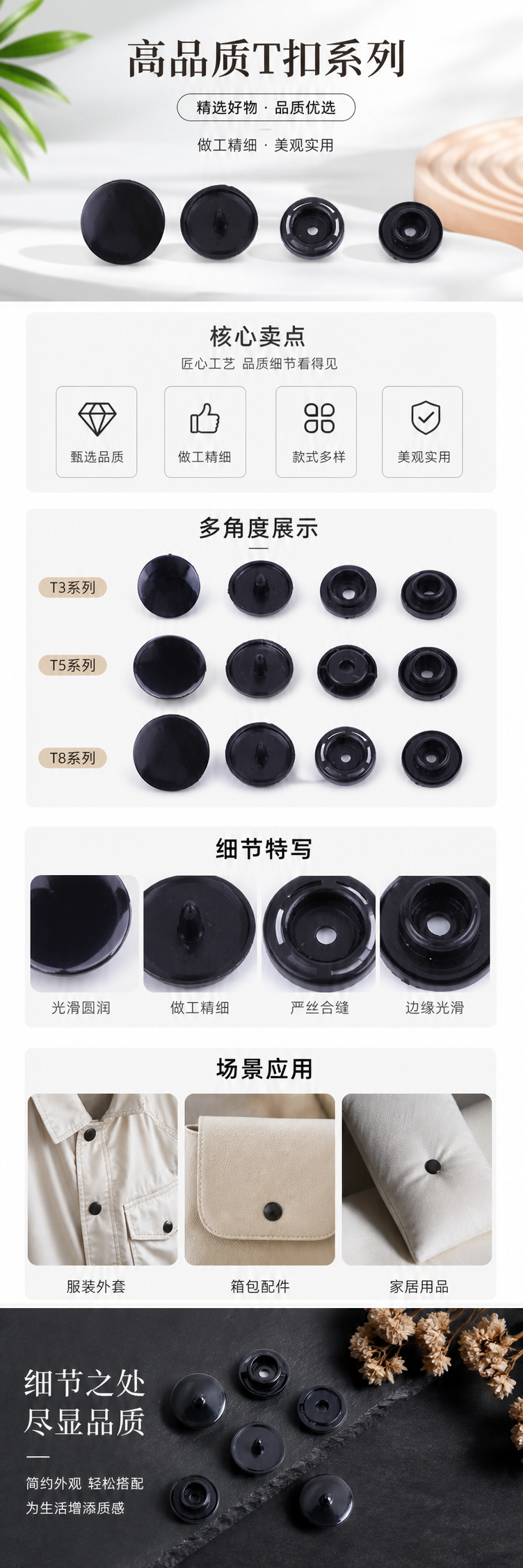 黑色纽扣配件组合含面板母扣公扣T3 T5 T8三规格 pic 1