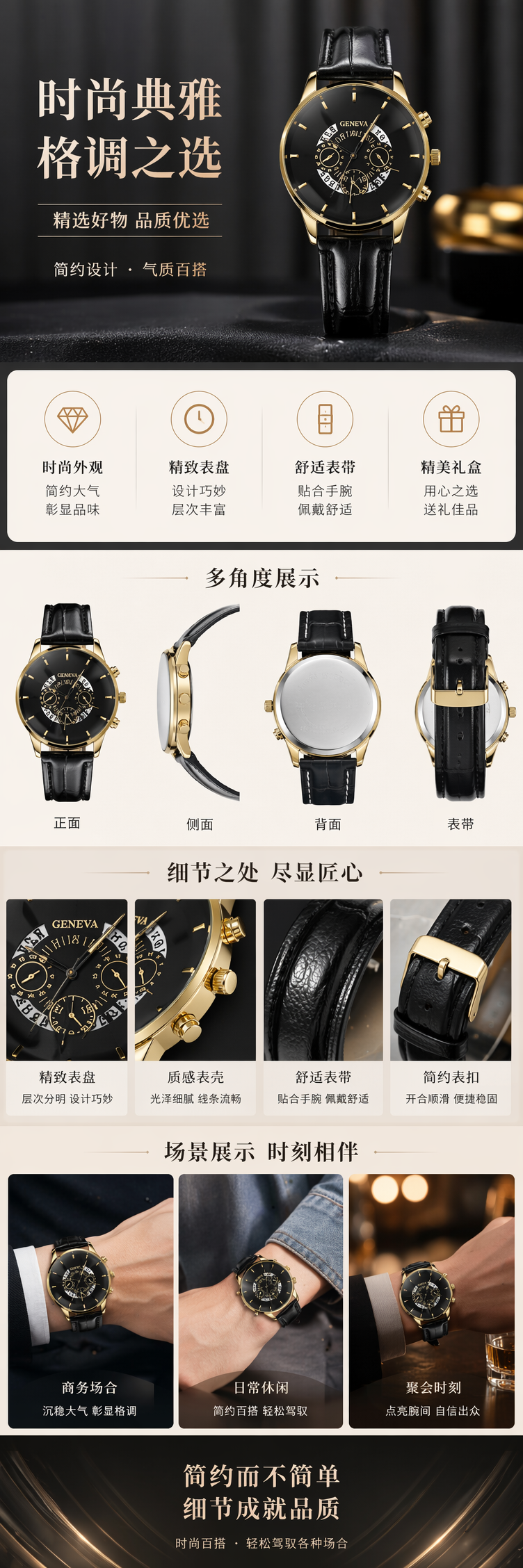 黑色表带金色表壳男士石英手表简约商务休闲 pic 1