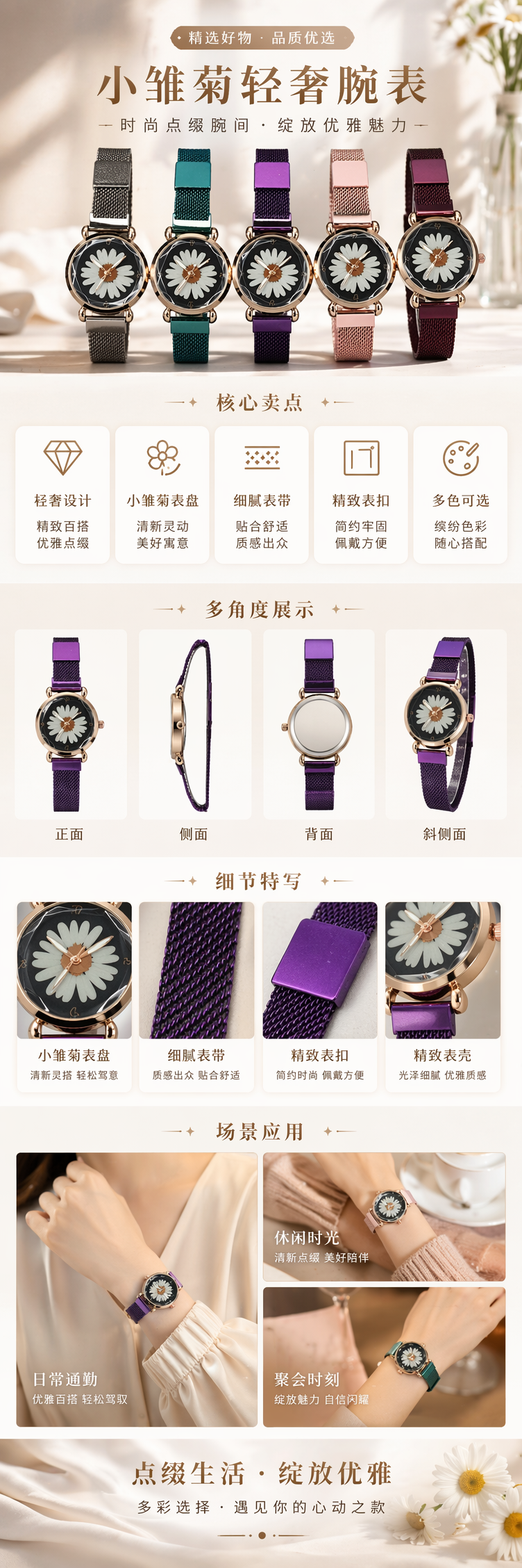 多色花朵图案女士石英手表 时尚简约百搭 pic 1