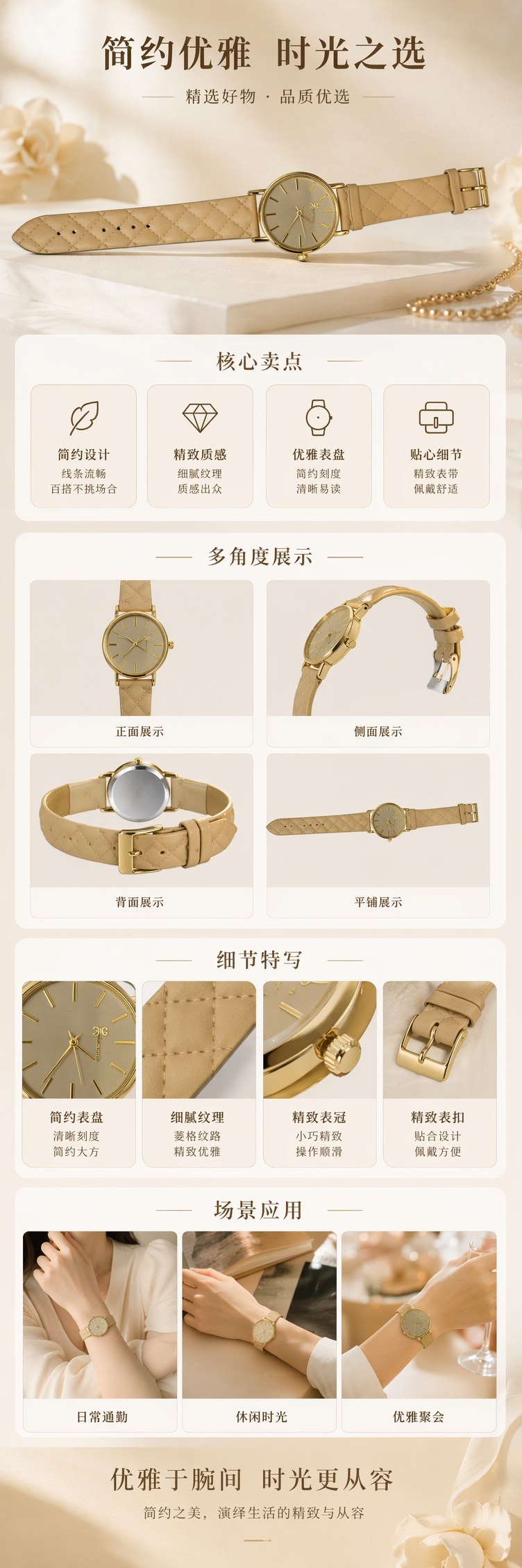 米色菱格纹表带手表 时尚简约女士腕表可调节真皮表带 pic 1