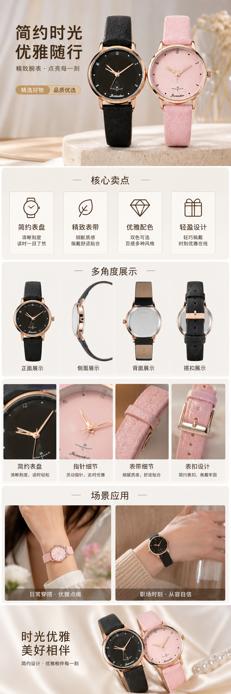 黑色表带手表和粉色表带手表男女通用石英表简约时尚 pic 1