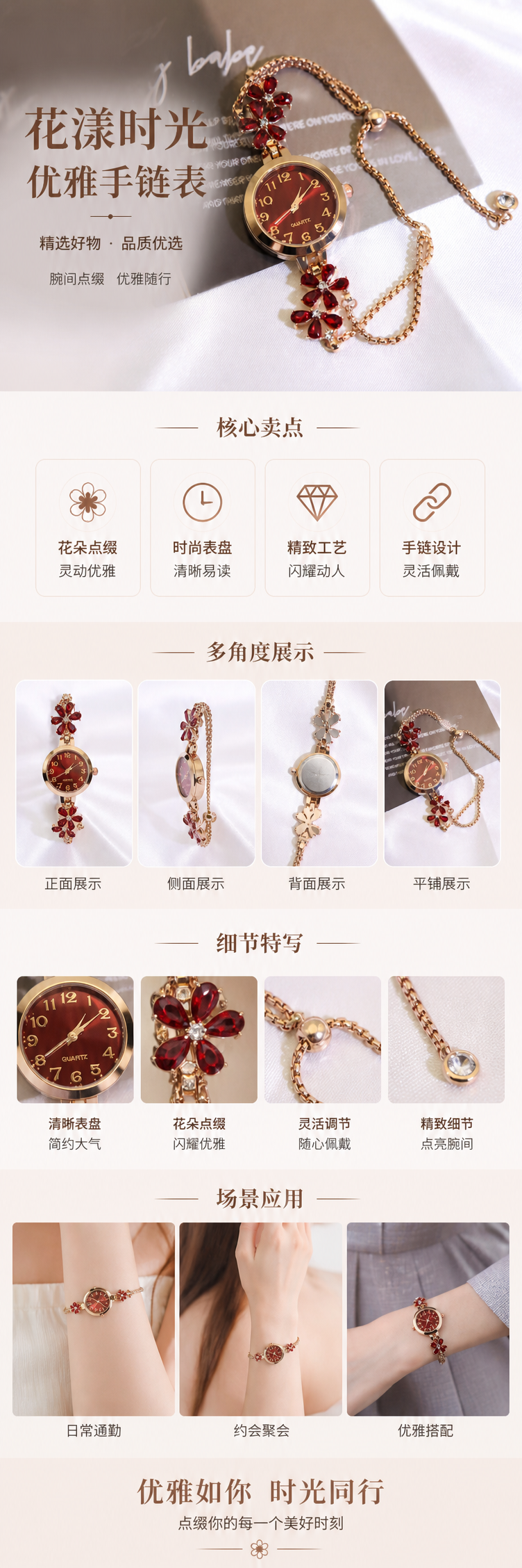金色链条红色花朵装饰挂脖手表 pic 1