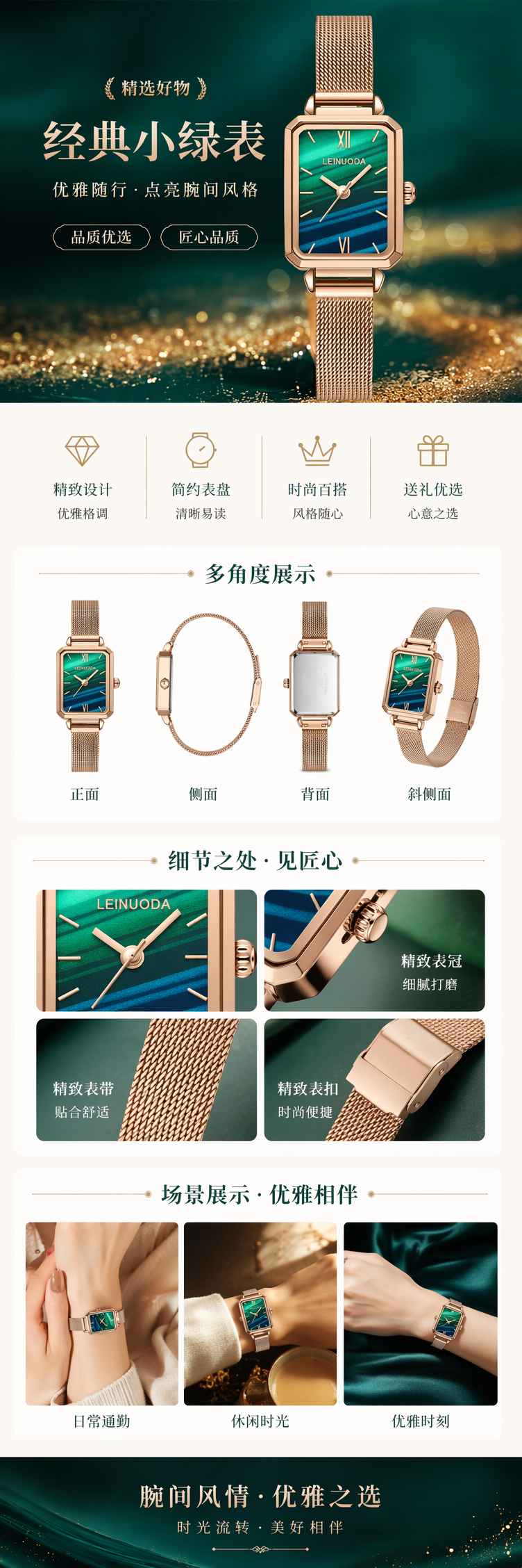 玫瑰金表壳表带绿釉表盘手表 pic 1