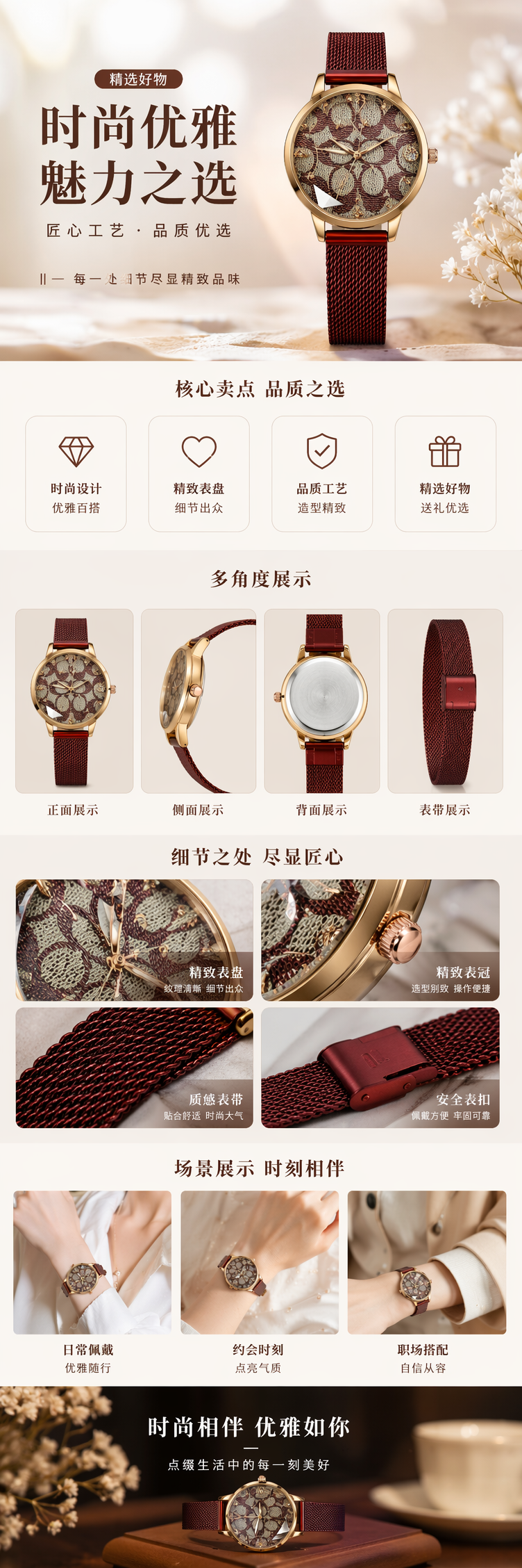 金色表壳红色表带时尚简约石英手表 pic 1