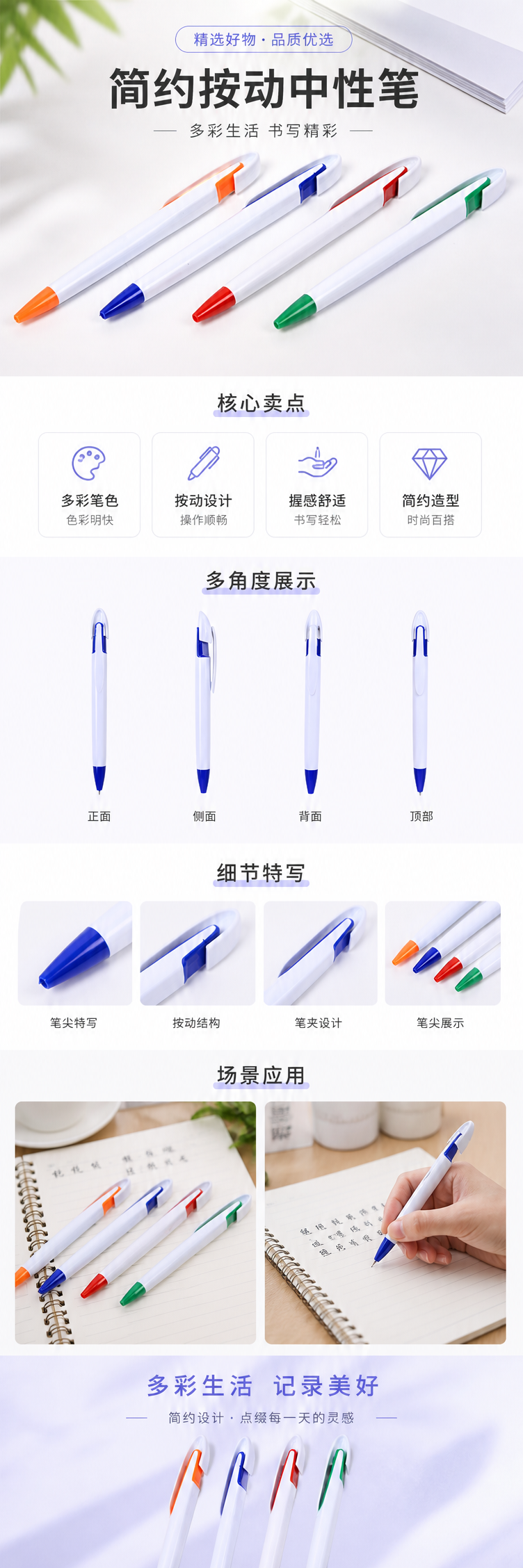白色笔身彩色笔帽笔尖四支装中性笔详情1