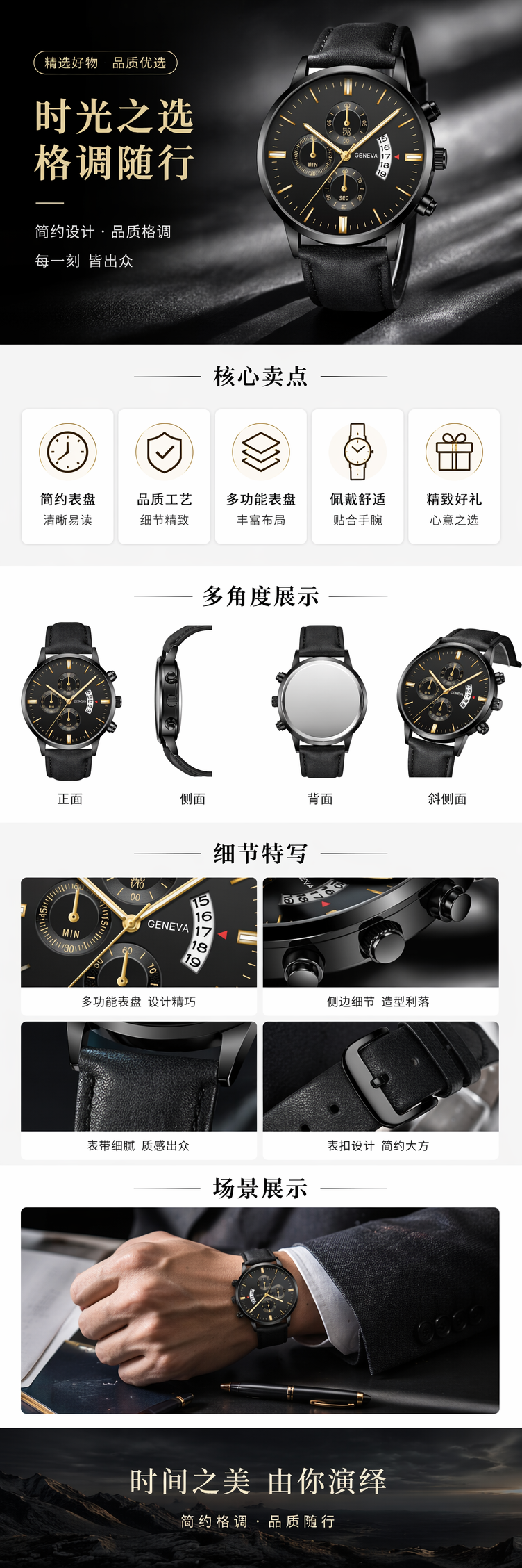 黑色表盘计时手表男款机械腕表夜光防水商务休闲 pic 1