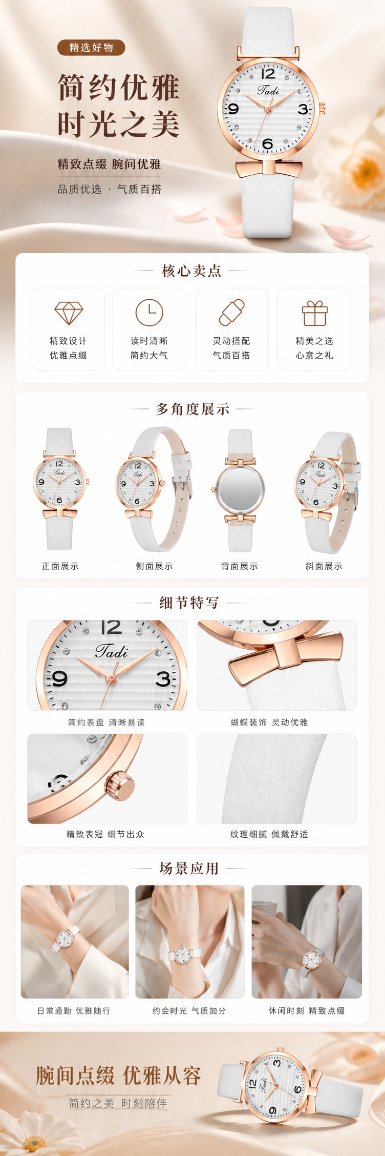 白色表带玫瑰金表壳女士石英手表 pic 1
