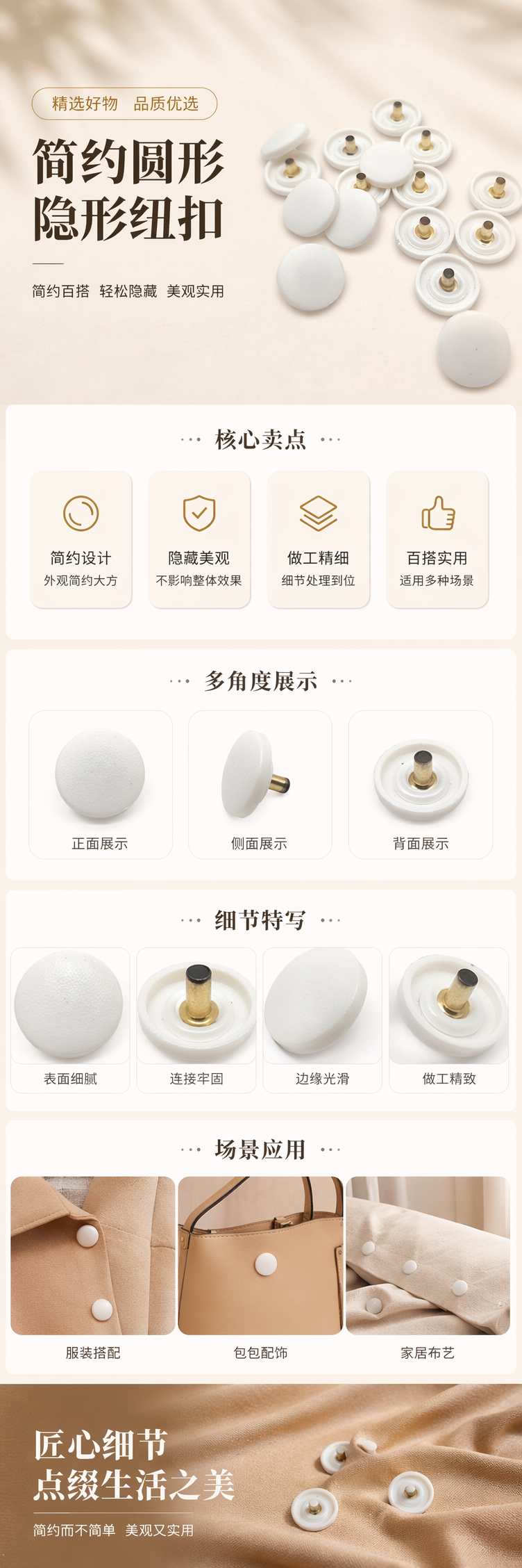 白色纽扣 服装辅料 纯棉包边扣 手工缝纫通用款 pic 1